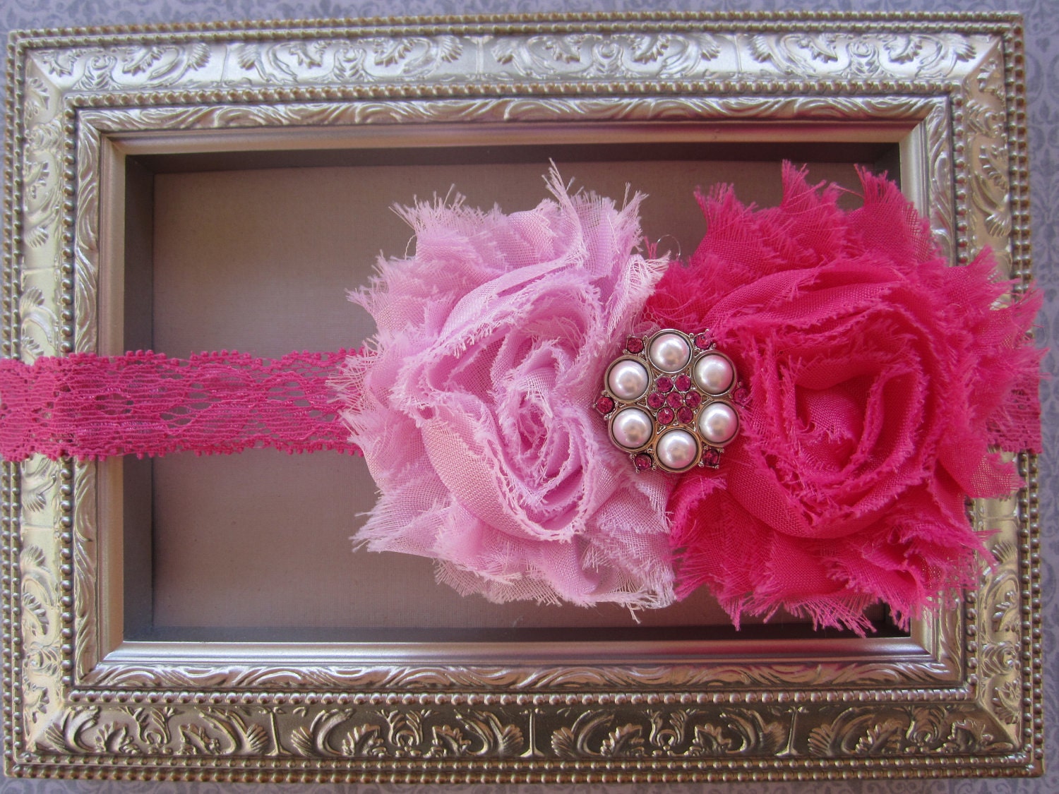 Pink Flower Headband - Shabby Chic Rosette Headband - Lace Elastic Headband - Girls Flower Headband - Baby Girl Headband - Valentines Day