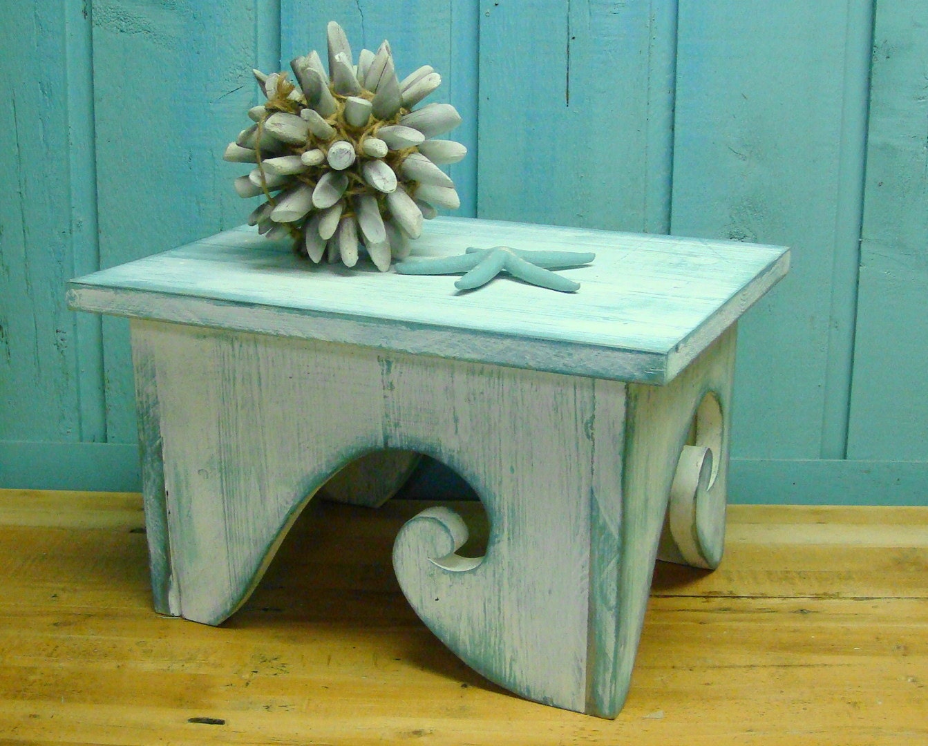 Waves Step Stool Footstool Bench White Turquoise Ocean Beach House