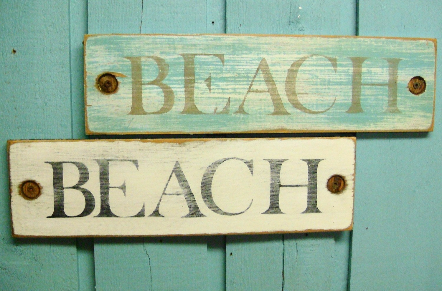 BEACH Sign Turquoise Taupe Weathered Wood Beach House Decor Wall Art