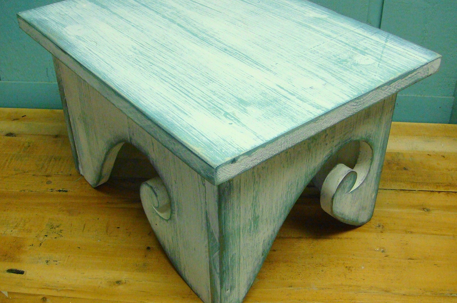 Waves Step Stool Footstool Bench White Turquoise Ocean Beach House