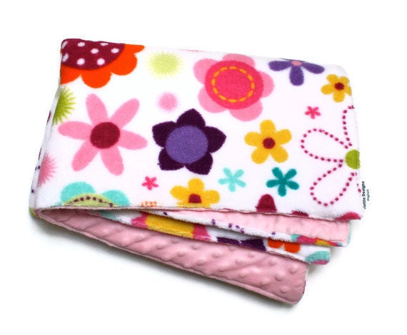 Baby Girl Blanket with Double Minky Fabric in Colorful Flowers and Pink Dots