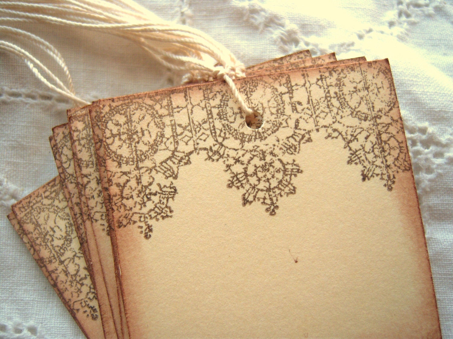 LACE Hang Tags - Hand Stamped, Brown, Cream, Vintage Inspired, Shabby