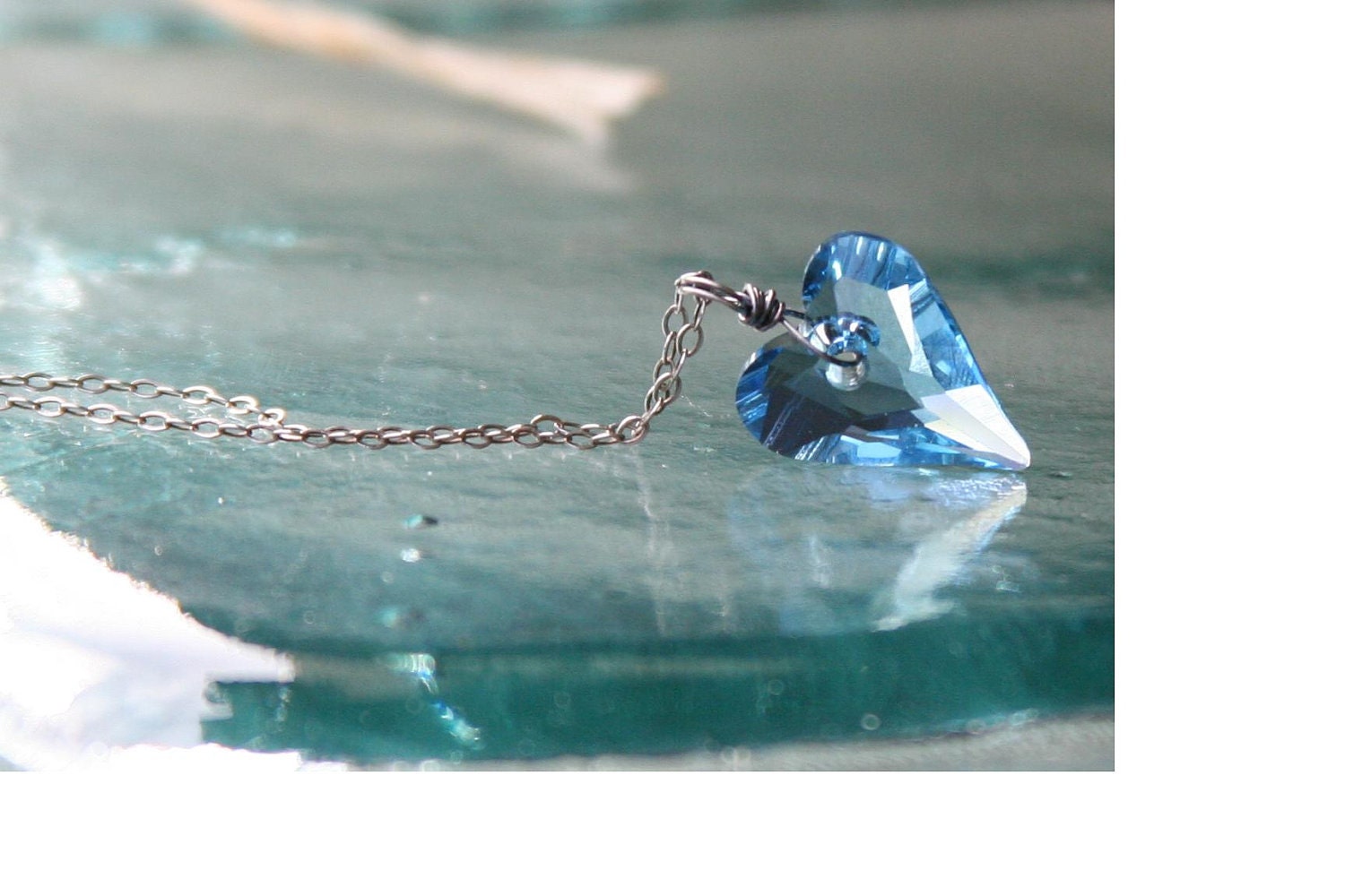 Light Blue Heart Necklace - Aqua Swarovski Crystal Heart Pendant on Sterling Silver Chain - Heart of the Sky - December Birthday Handmade