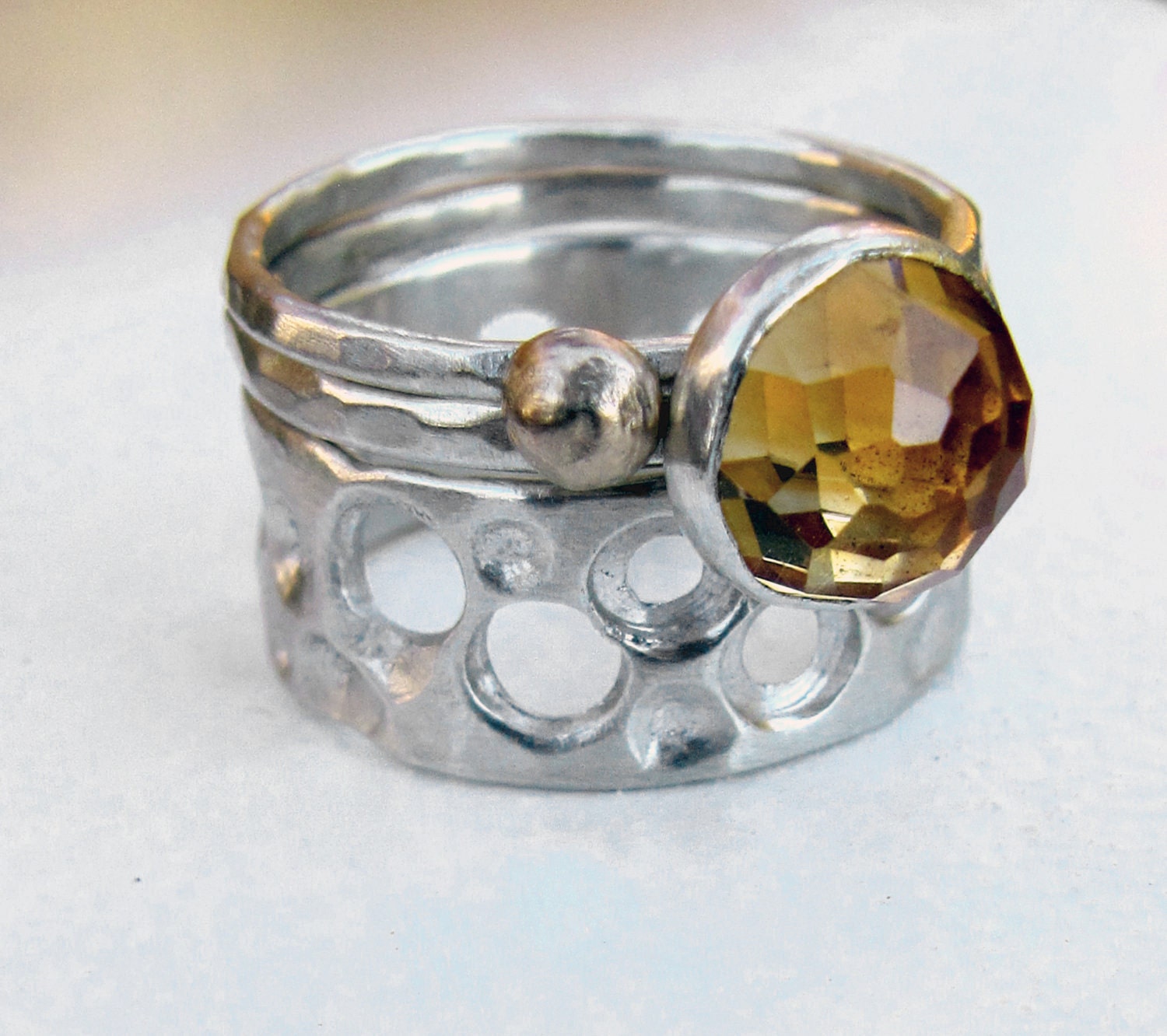 Silver Rings on Silver Citrine Ring Stack Set Honeycomb Gold Bee Ring