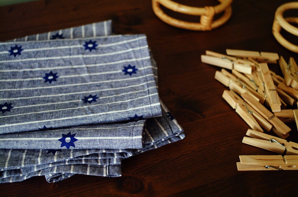 Set of 2 Blue "Etoile" Hand-Printed Tea Towels - Navy on Blue and White Stripes