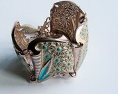 Lovely Floral Vintage Enamel Stamped Panel Bracelet - Robins Egg Blue & White on Silver - Turquoise Aqua Flower Jewelry - Gift under 20