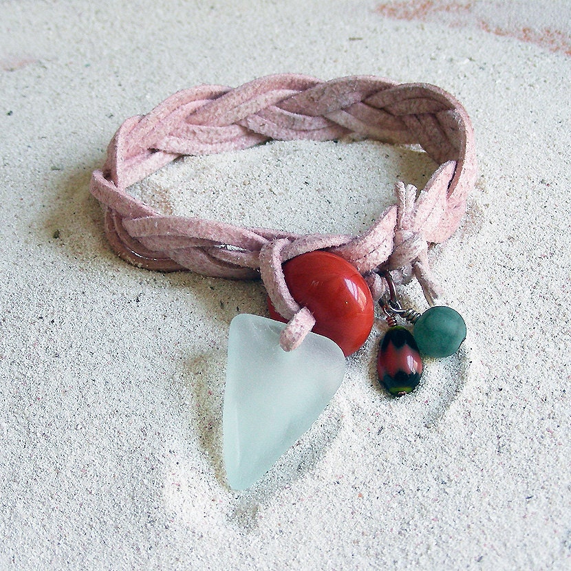 Ocean Inspired Spring Jewelry - Sailors Knot Rope Bracelet with Sea Glass and Beads - Pink Red Aqua Teal Beach Fashion- Gift under 40