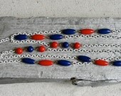 Red White and Blue Summer Nautical Necklace - Vintage 60s Long White Chain with Navy & Red Beads - Jewelry under 25