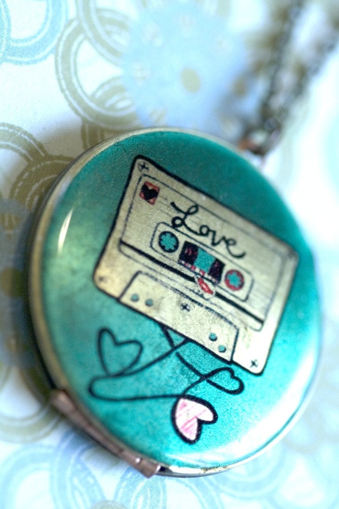 Locket pendant Necklace with Vintage pastel Cassette tape -- Mixtape -- Totally 80s