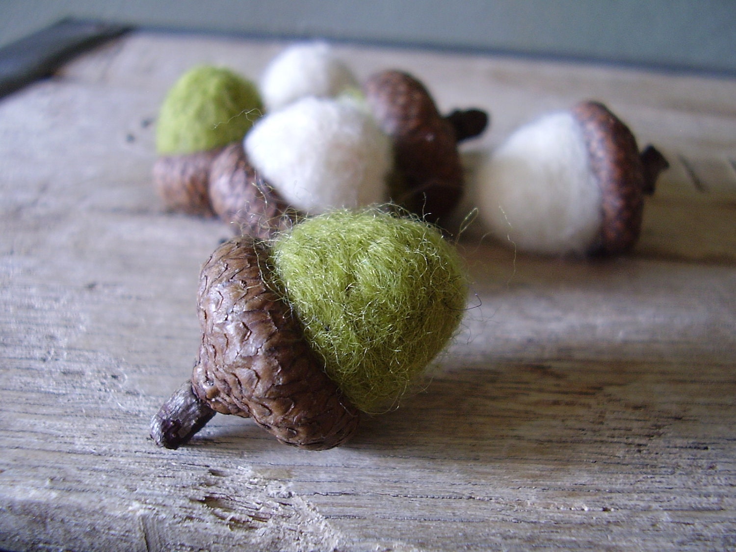 Felted acorns, set of 6, fresh fresh fresh white and green