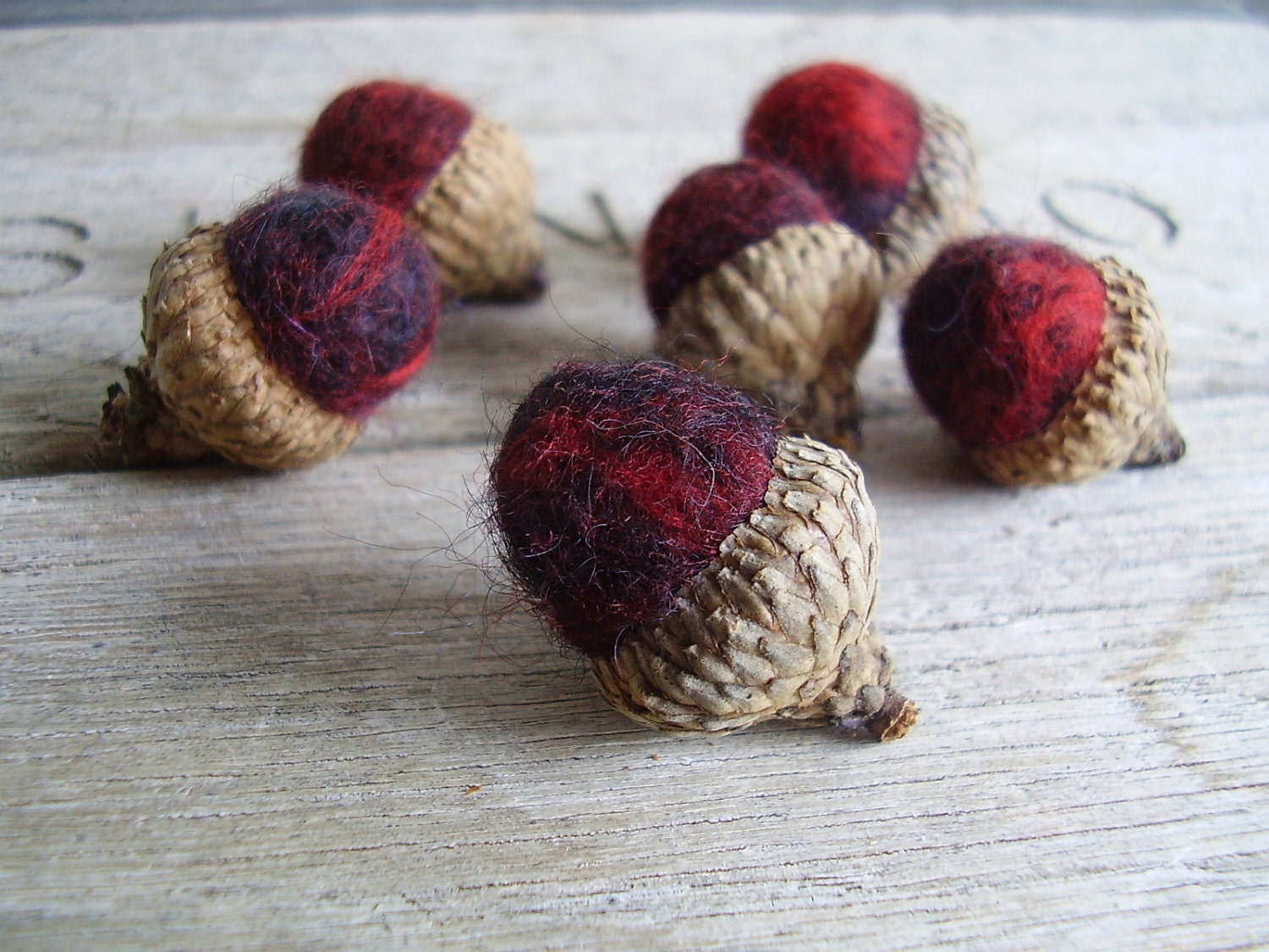 Felted wool acorns, set of 6, marbled dark red and black color - HouseOfMoss