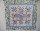 Cottage Chic Stars Quilted Wall Hanging, Baby Quilt, Table Runner Pastel Pink Blue Yellow