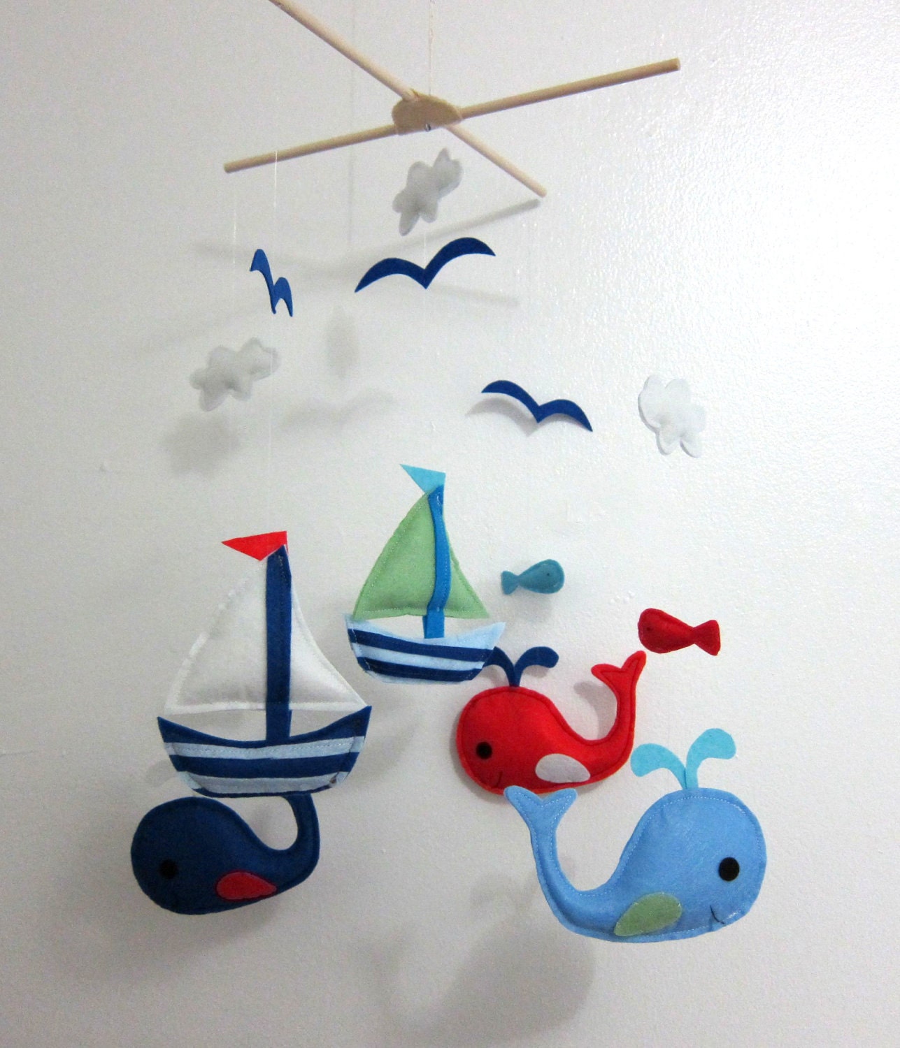 Baby Crib Mobile - Baby Mobile - Felt Mobile - Nursery mobile - sail boats and whales design (Custom Color Available)