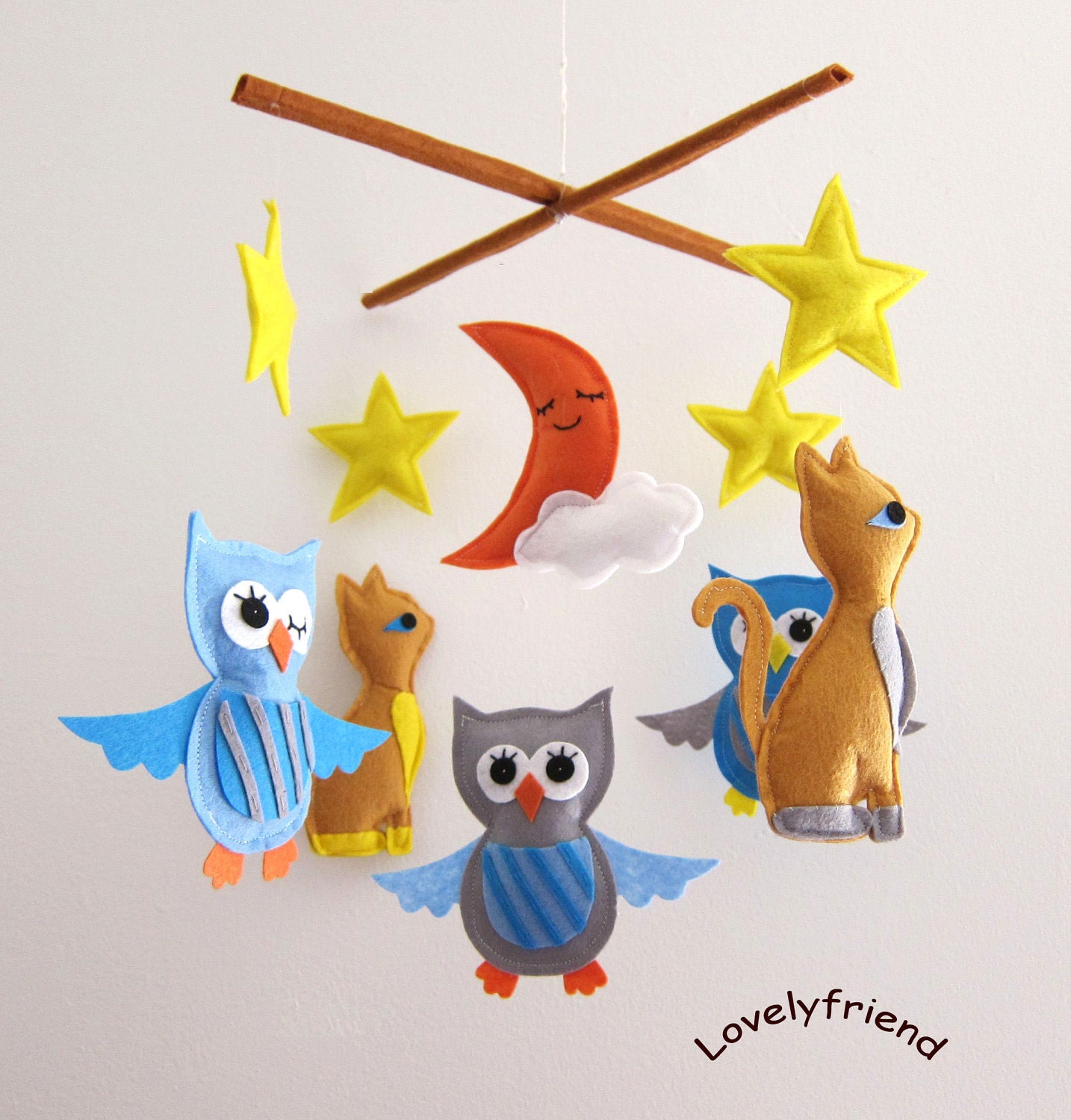 Mobile -Baby Crib Mobile - Baby Mobile - Crib mobiles - Felt Mobile - Nursery mobile - " owl & cat " Design