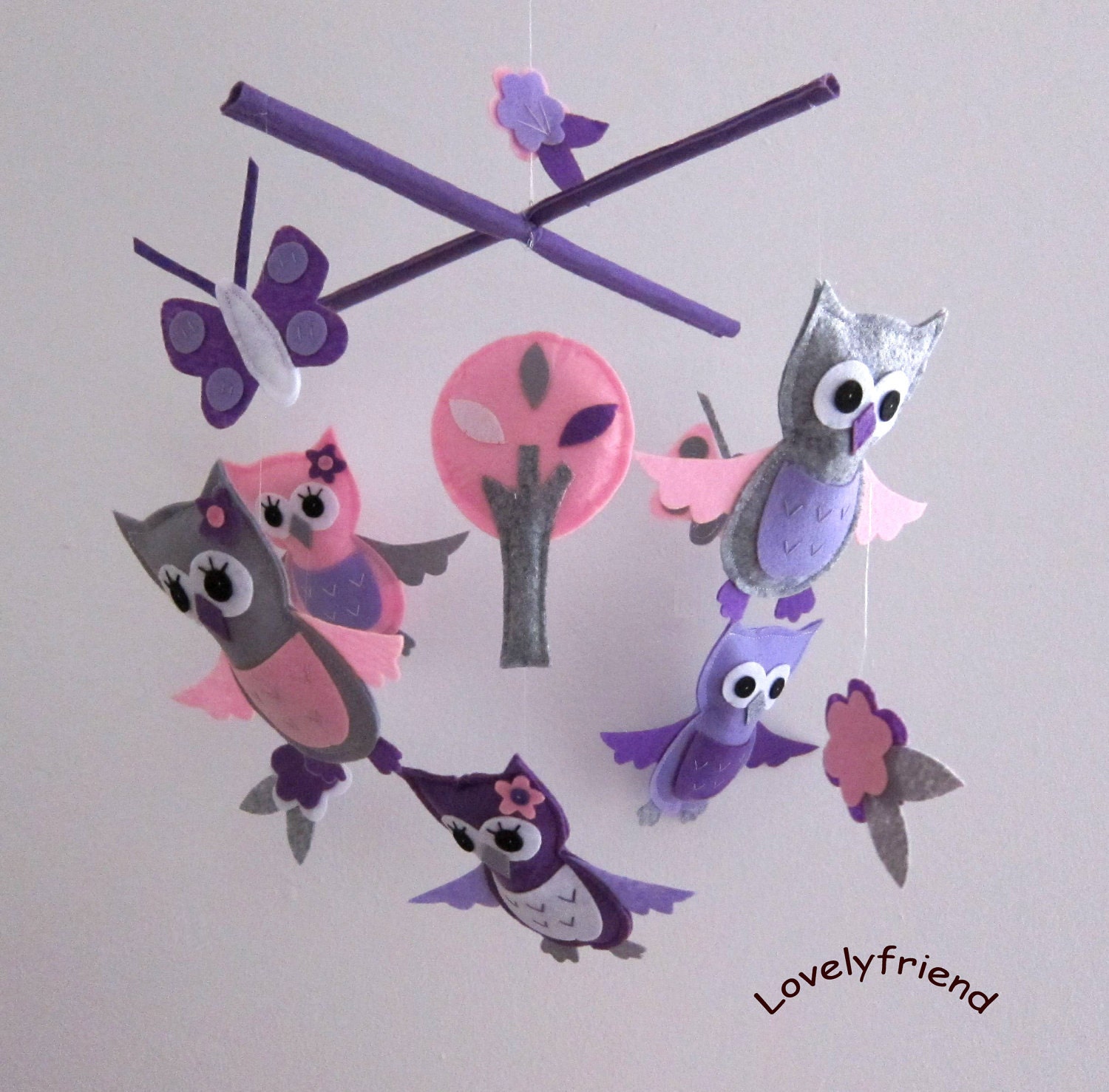 Mobile -Baby Crib Mobile - Baby Mobile - Crib mobiles - Felt Mobile - Nursery mobile - " pink & lavender owls " Design