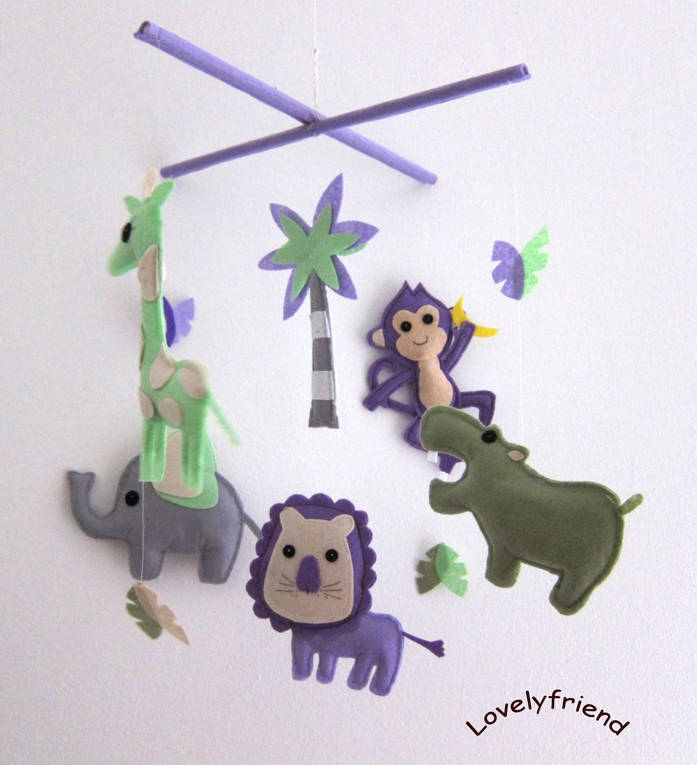 Baby Crib Mobile - Baby Mobile - Felt Mobile - Nursery mobile - " Woodland lion, hippo, monkey, elephant, giraffe " design
