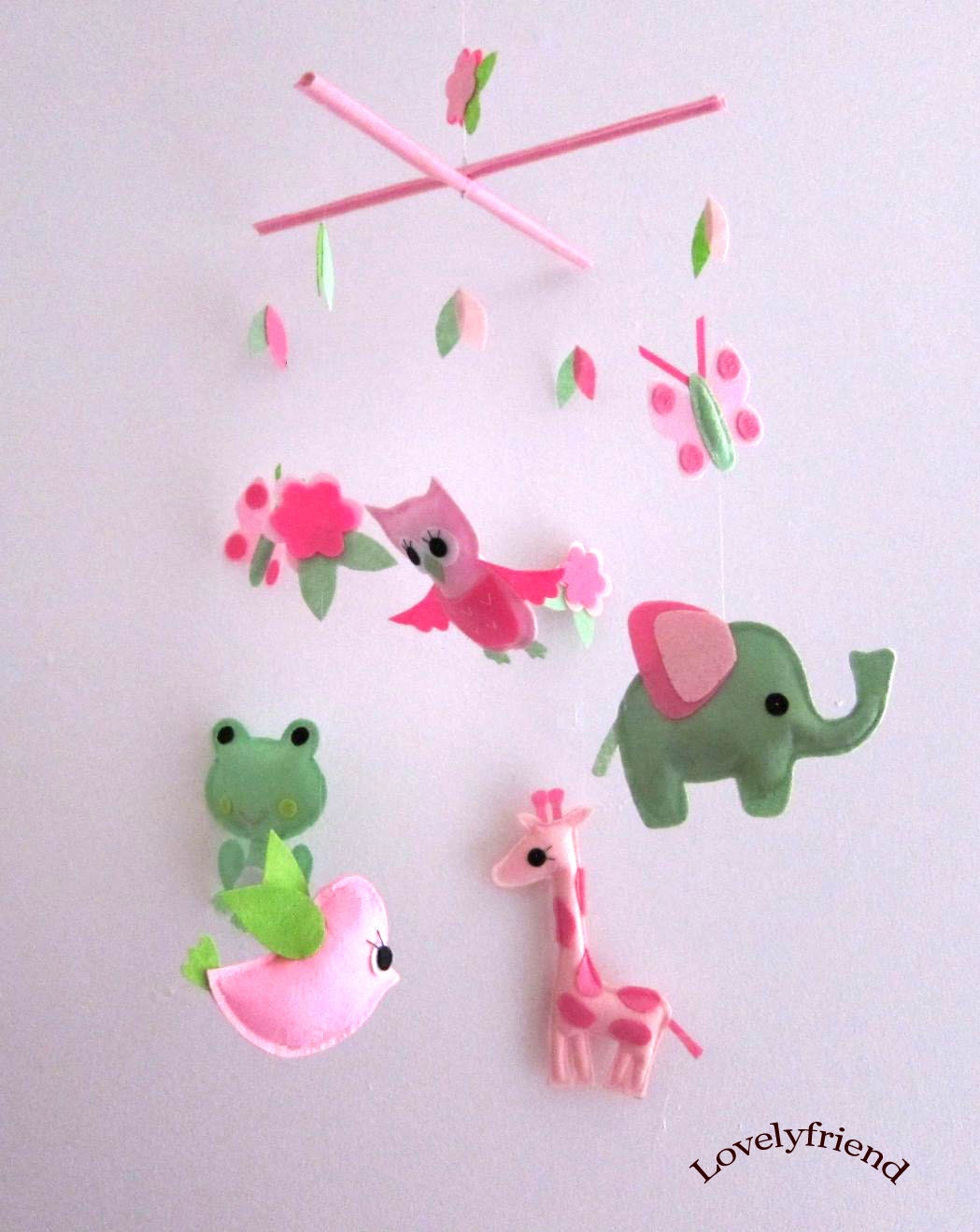 Mobile -Baby Crib Mobile - Baby Mobile - Crib mobiles - Felt Mobile - Nursery mobile - " PInk , Green frog & owl " Design