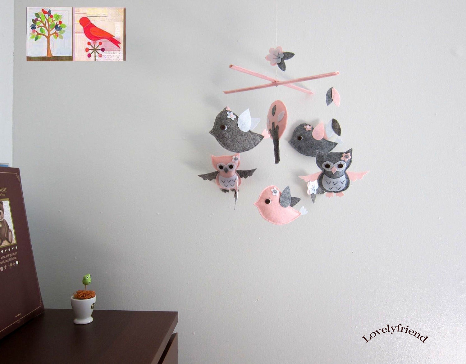 Baby Crib Mobile - Baby Mobile - Mobile - Crib mobiles - Felt Mobile - Nursery mobile - " Grey and pink owl and bird " design