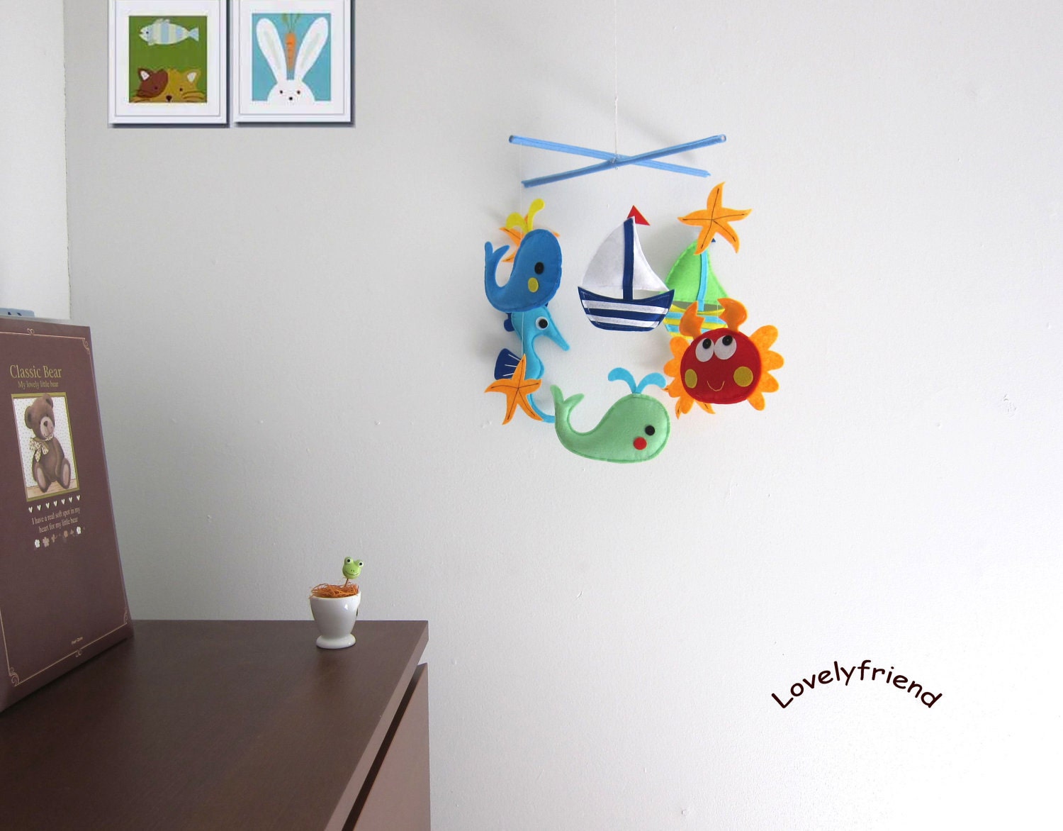 Baby Crib Mobile - Baby Mobile - Felt Mobile - Nursery mobile - " whale, crab, seahorse, sailboat" design (Custom Color Available)
