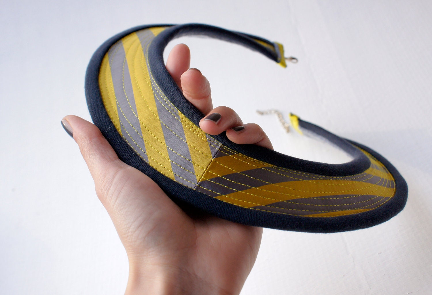Felt and fabric necklace/collar - striped gray and yellow shiny fabric with gray-blue jersey trim SAMPLE