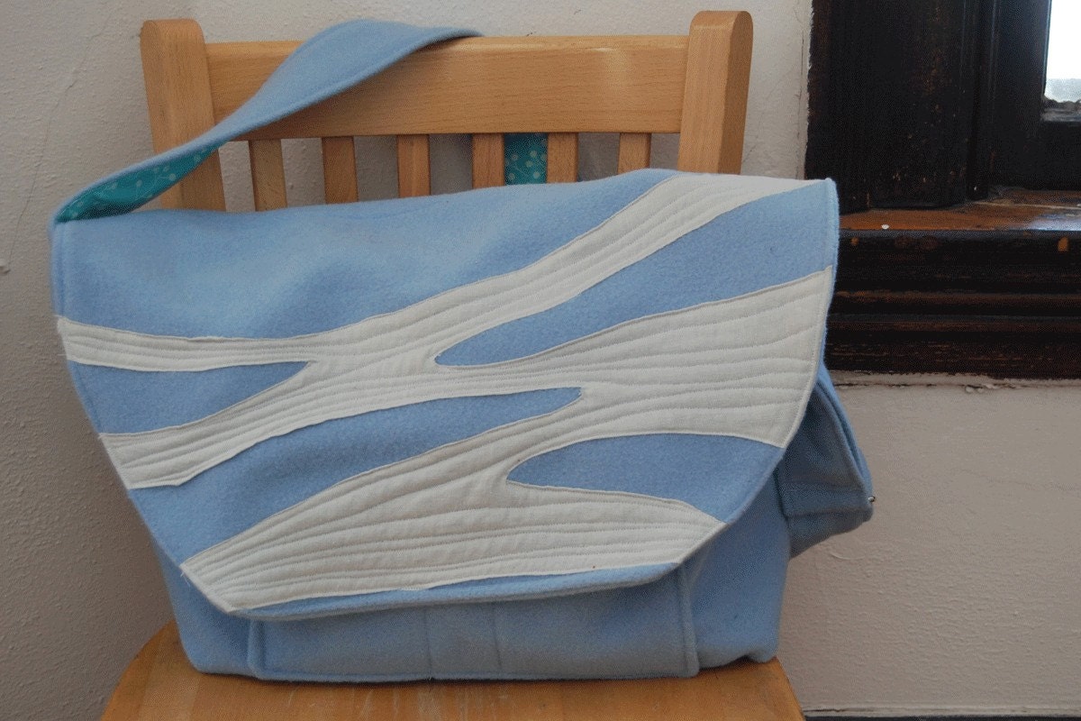 Wool Messenger Bag Light Blue with Water Applique Design SALE
