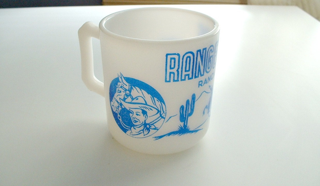 Vintage Ranger Joe Hazel Atlas Ranch Horse Mug Cup Blue Graphics 1950's Equestrian Cowboy