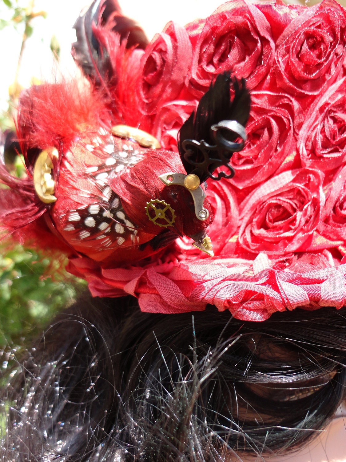 Steampunk Hat in Red Satin Ribbon Roses with Geared Automaton Bird by Dr Brassy Steampunk