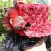 Steampunk Hat in Red Satin Ribbon Roses with Geared Automaton Bird by Dr Brassy Steampunk