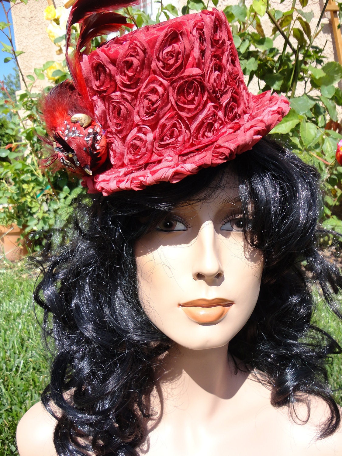 Steampunk Hat in Red Satin Ribbon Roses with Geared Automaton Bird by Dr Brassy Steampunk