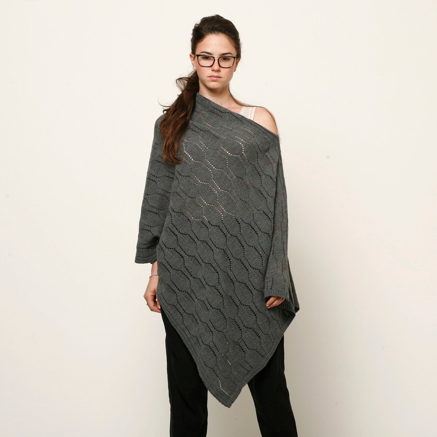 Women knitted grey poncho, women knitted jacket,ladies cardigan