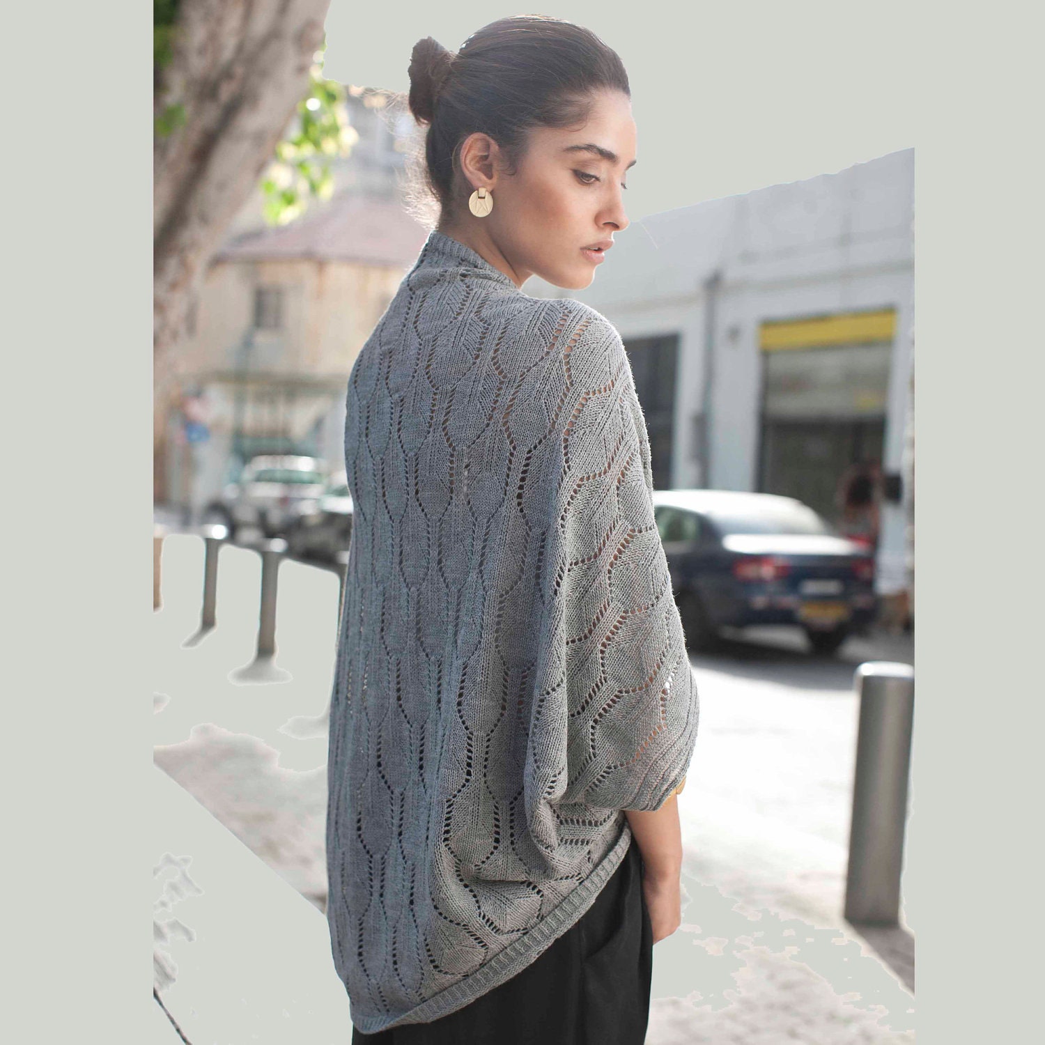 Women summer knitted cardigan, grey jacket, one size fits all