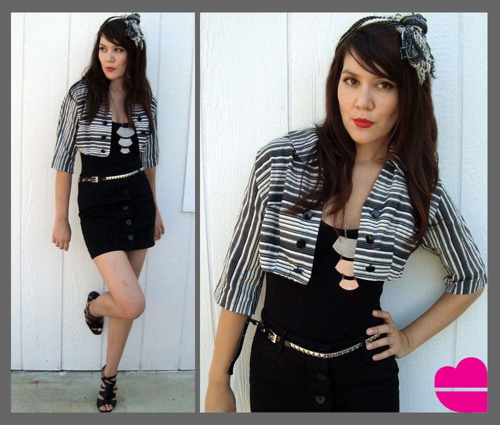 Vintage 80s Black White Striped Cropped Jacket blazer bolero XS S