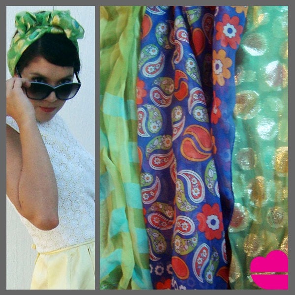 Vintage 70s Colorful Print Scarves mod hippy boho indie - Lot of 3