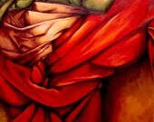 Original Oil Painting of Fabric on Canvas in Rich Reds, Green and Neutrals