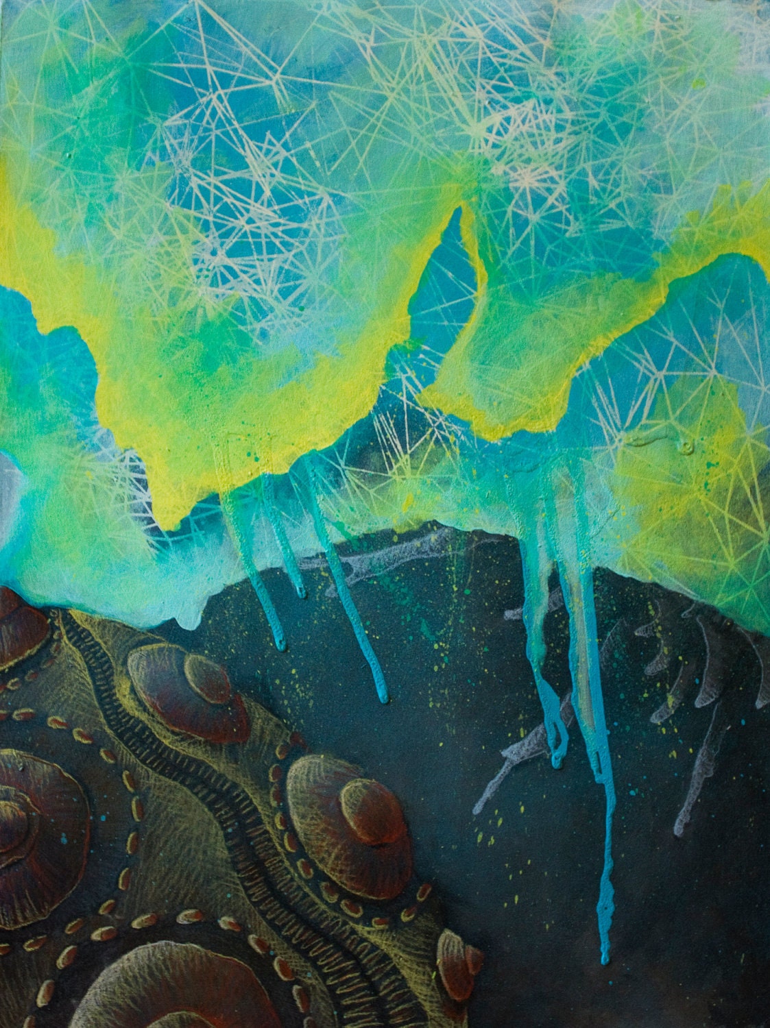 Original Mixed Media Drawing - Oceanic Triptych with Bright Blues and Greens