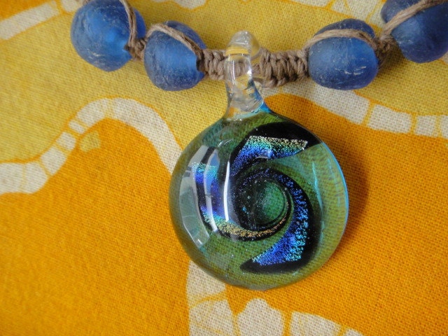 Hemp Necklace Blue Glass Swirl Pendant African Bead