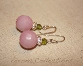 Pink Jade and Green Austrian Crystal Earring with Sterling Silver