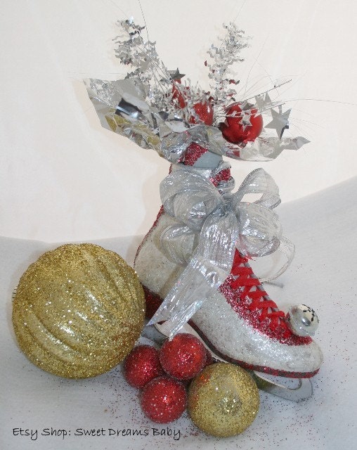 Vintage Silver &  Red Shabby Chic Ice Skate Christmas Decor