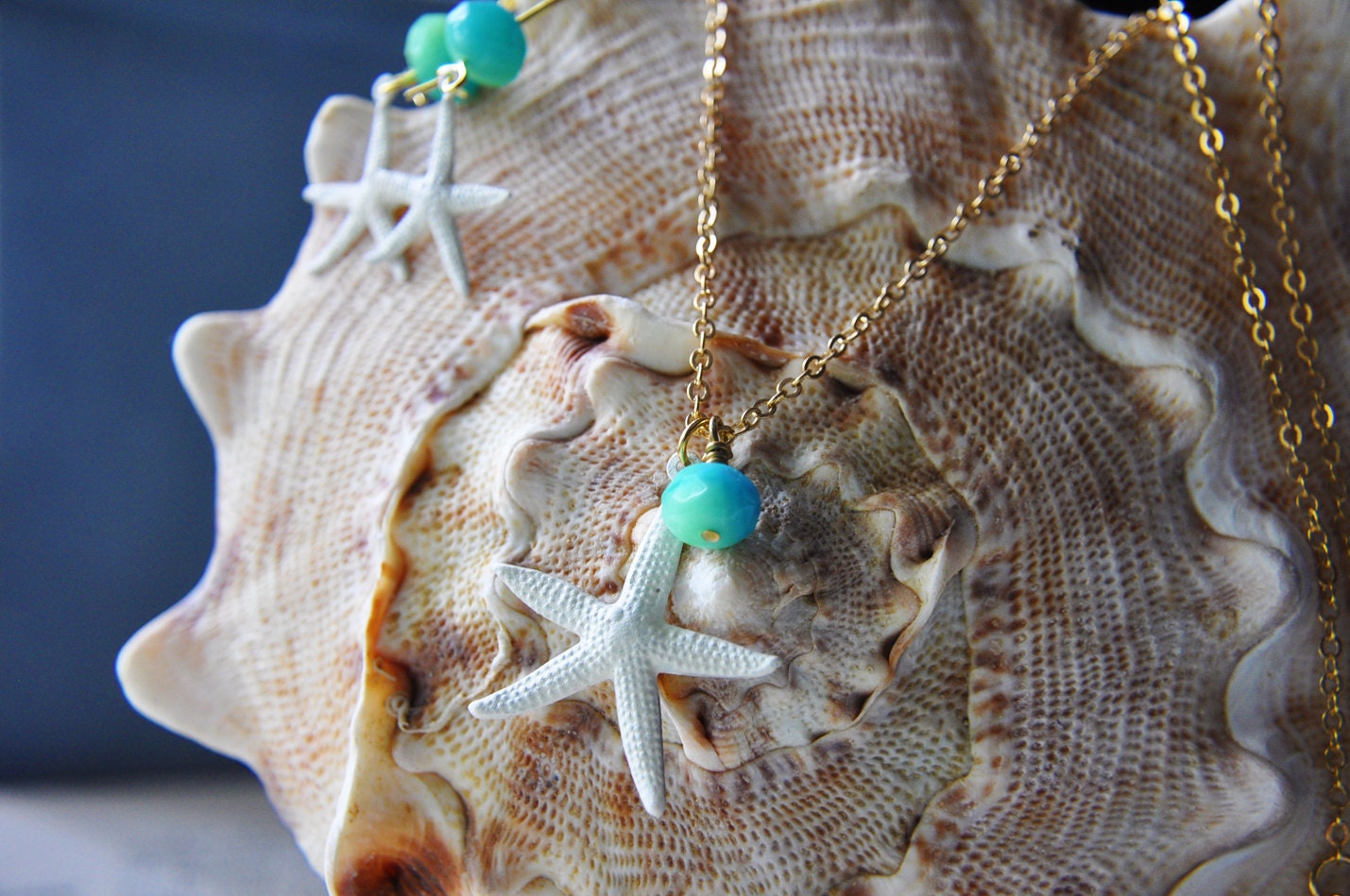 White Starfish Jewelry Set- Necklace - Matching Earrings - Gold Brass with Sea Foam Glass Beads - Hand Patina - Tropical Island Wedding