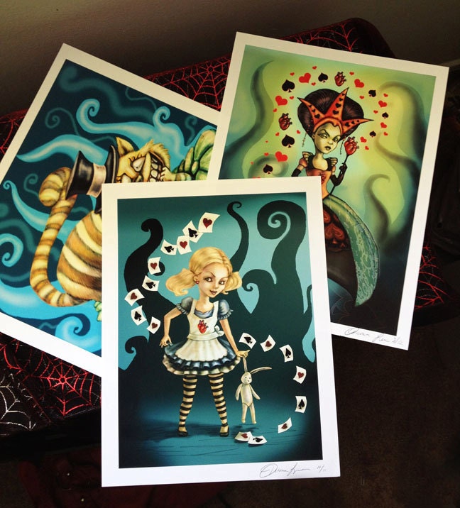 FANTASY ART PRINTS - Alice in Wonderland 3 print Set  - Alice , Cheshire Cat and Queen of Hearts