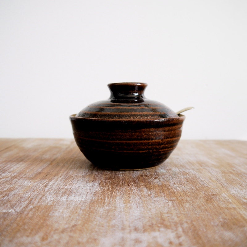Vintage brown earthenware sugar preserve bowl dish pot for honey or butter