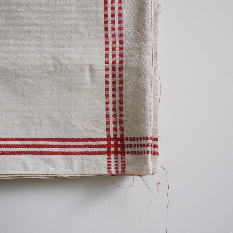Vintage Belgian / French tea towel torchon in red and white linen uncut unusual large size