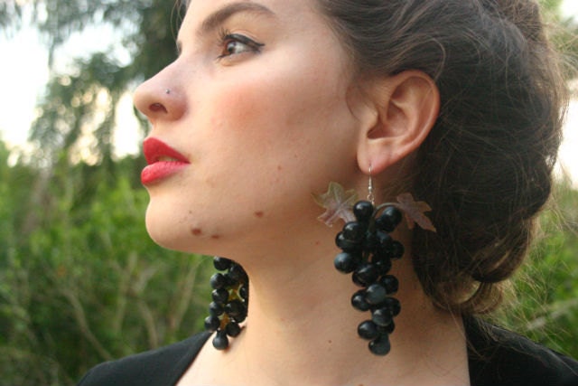 Statement Jewellery, Upcycled Eco, Vintage Grape Drop Earrings, Purple Black