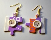 Jigsaw Puzzle Jewelry, Map of Australia, Upcycled Eco, Buttons, Dangle Earrings, Purple Orange