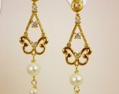 Bridal Pearl Earrings Gold and Rhinestone Chandeliers