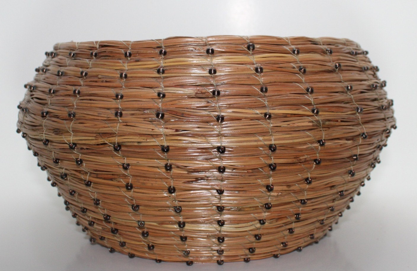 Black Beaded Woven Pine Needle Basket