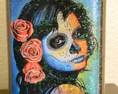 Dia de Los Muertos pin up flask colorful with pink roses