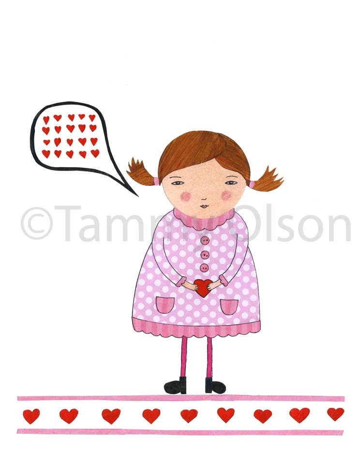 Collage art girl hearts pink red love mixed media , 8 x 10 limited edition print 1/250,  "Speaking of Love"
