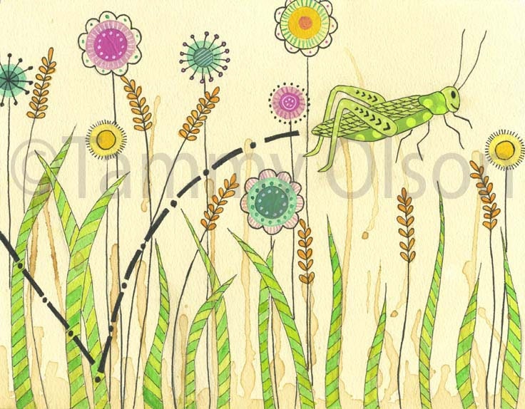 Mixed media painting, grasshopper, flowers, insect, garden,  collage, art, 8 x 10 Limited edition print 2/250 of collage,  "Hopping Along"