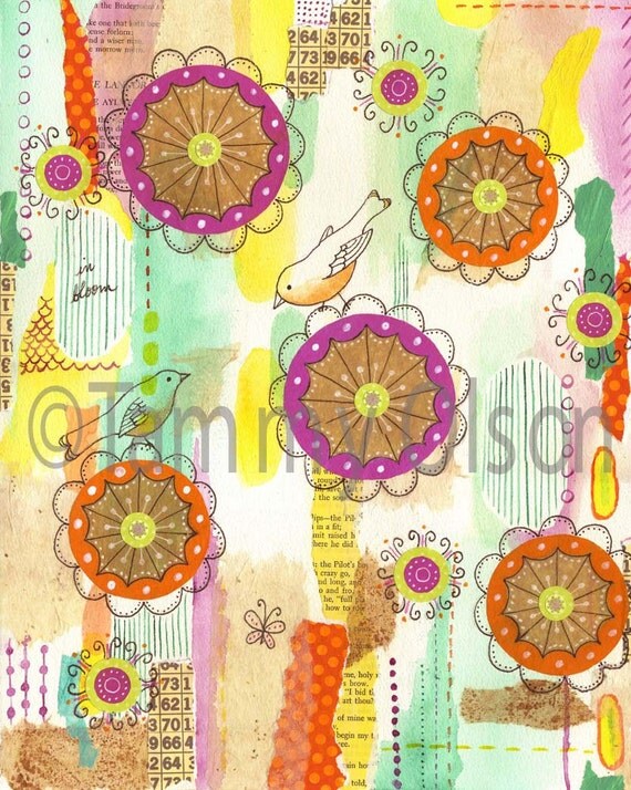 Mixed media art,  birds, flowers, butterfly,  collage, painting, 8 x 10 Limited edition print 1/250,  "In Bloom"